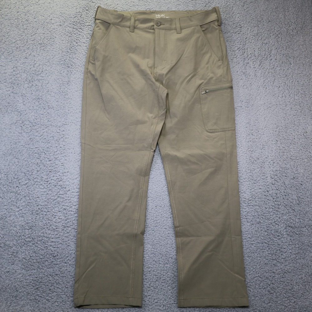 Huk Pursuit Pants Mens L 32 Khaki Tan Stretch Fishing Hiking Straight Leg Cargo